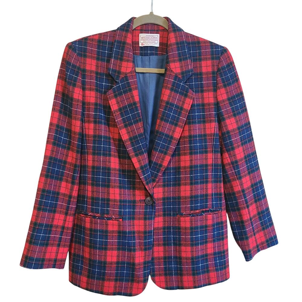 VTG Pendleton Womens 8P Academia 100% Virgin Wool Blazer Jacket Red Green Tartan